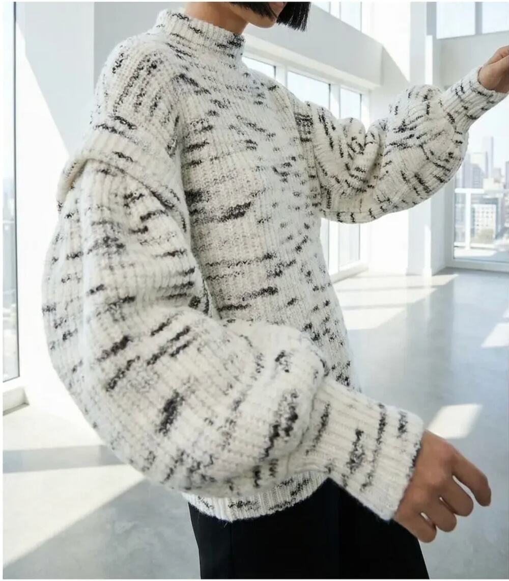 Varley Belgrave Mock Neck Ruffle Balloon Sleeve Knit Sweater Dalmation Large
